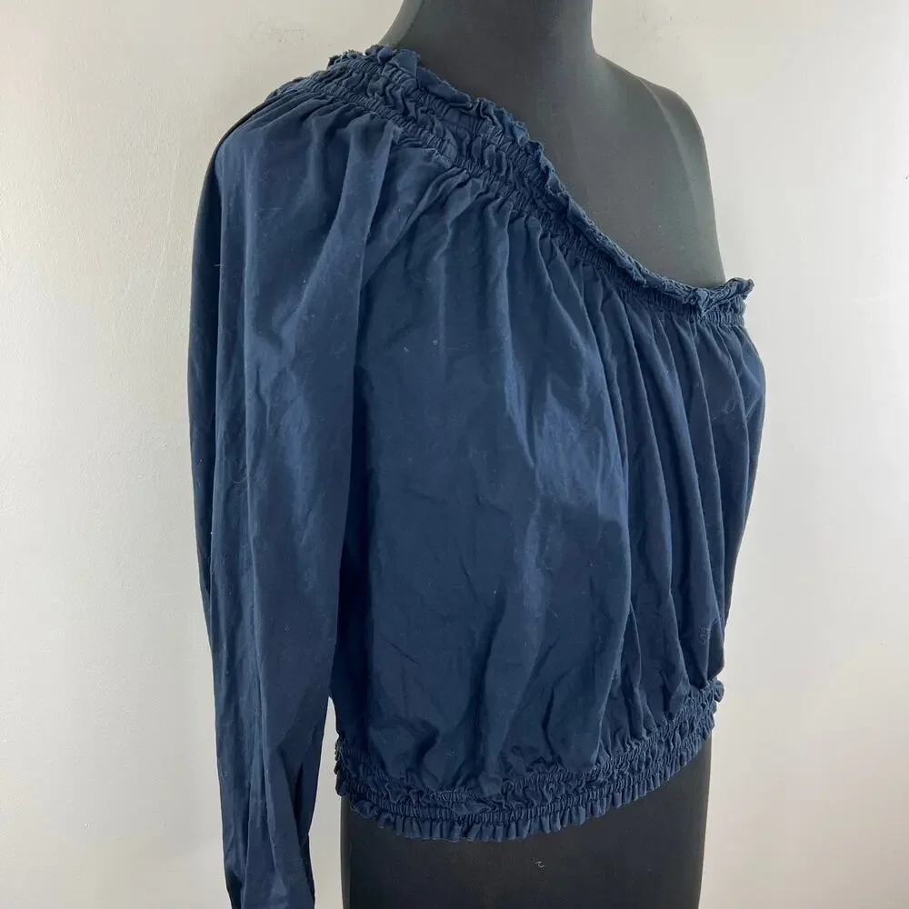 Free People Navy Blue Long Sleeve Women's Cotton One Shoulder Blouse Top Size L